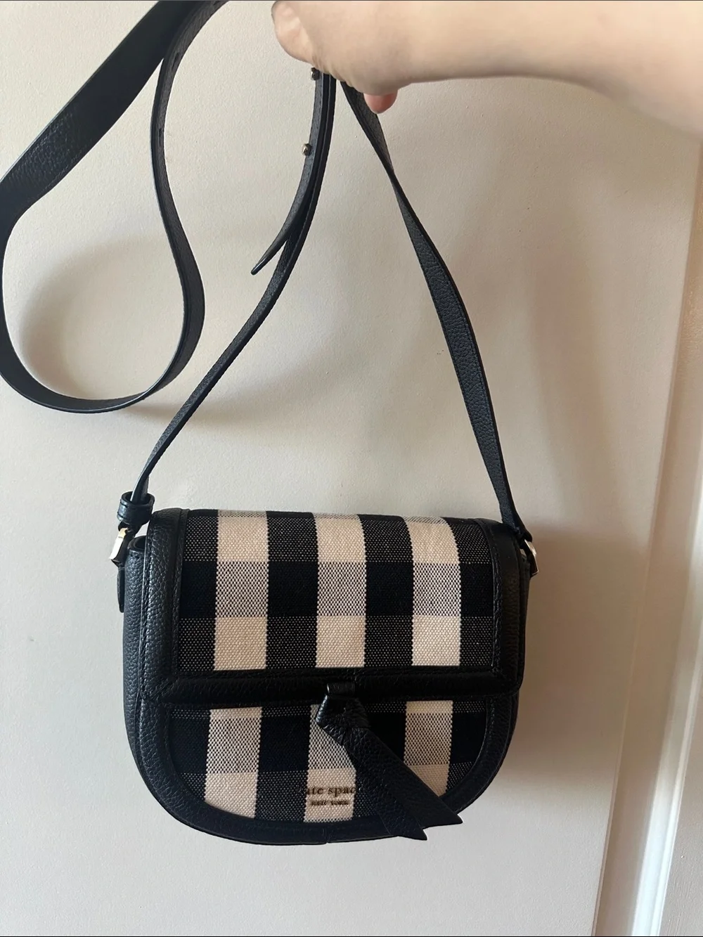 KATE SPADE Knot Gingham Medium Saddle Bag Black & Cream Crossbody